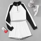 Romwe Striped Panel Quarter Zip Top With Shorts