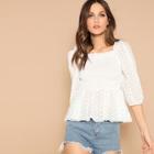 Romwe Shirred Panel Embroidered Eyelet Top
