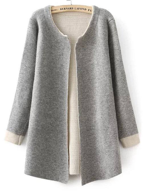 Romwe Grey Open Front Contrast Cuff Cardigan