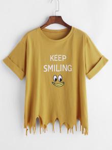 Romwe Cartoon Print Asymmetric Raw Hem Cuffed T-shirt