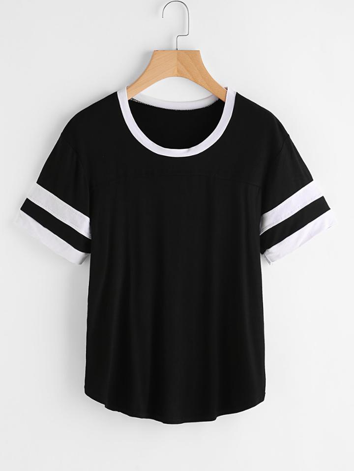 Romwe Contrast Trim Varsity Striped Tee