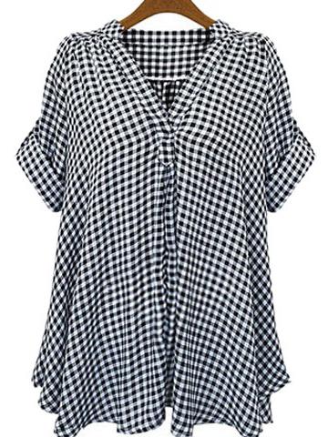 Romwe V-neck Rolled Sleeve Small Checkerboard Blouse