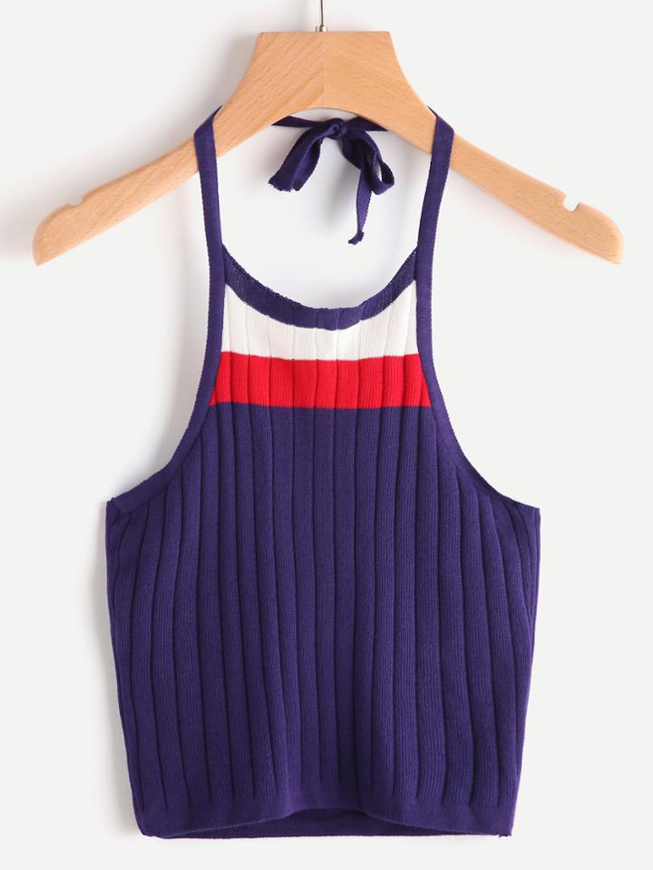Romwe Color Block Halter Neck Ribbed Cami Top