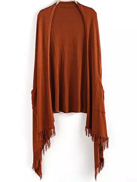 Romwe Open Front Tassel Pockets Cape Khaki Coat