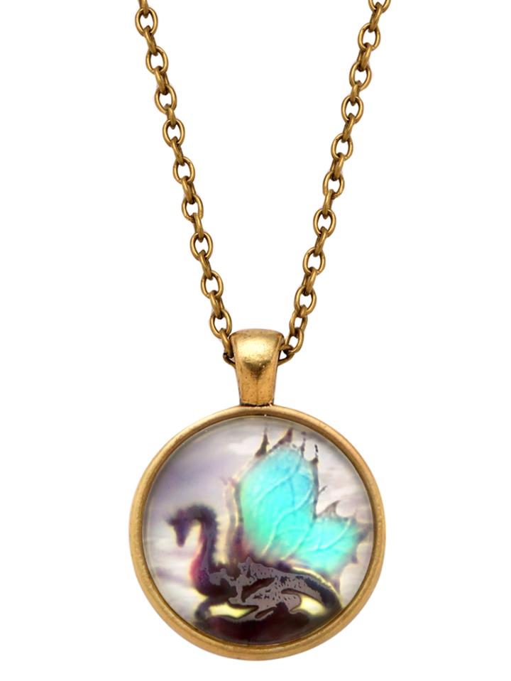 Romwe Bronze Dragon Print Glass Pendant Necklace