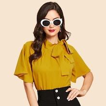 Romwe Flutter Sleeve Tie Neck Blouse