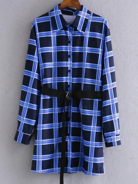Romwe Blue Plaid Button Up Shirt Dress