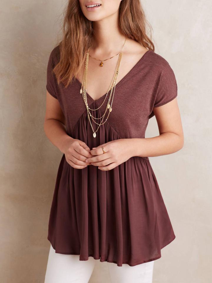 Romwe Burgundy Pleated Backless V Neck Blouse