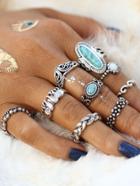 Romwe Turquoise Decorated Multi Shaped Ring Set 9pcs