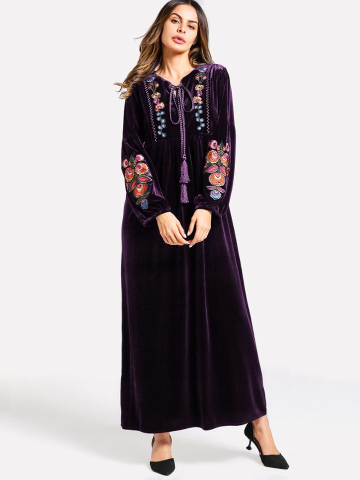 Romwe Tassel Tie Neck Embroidery Velvet Dress