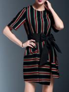Romwe Color Block Striped Bowknot Asymmetric Dress