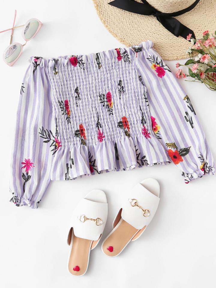 Romwe Off Shoulder Ruffle Trim Floral Top