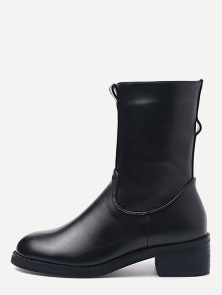 Romwe Black Pu Mid Calf Chunky Boots