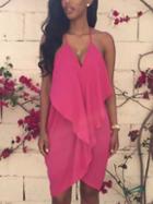 Romwe V-neck Drape Ruffle Cami Dress - Pink