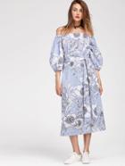 Romwe Bardot Lantern Sleeve Vertical Striped Florals Dress