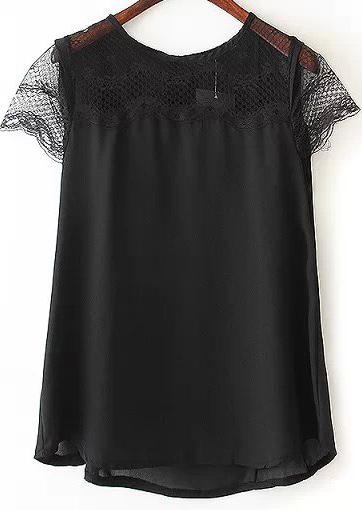 Romwe Black Short Sleeve Sheer Lace Blouse