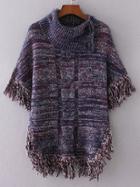 Romwe Blue Fringe Marled Knit Poncho Sweater