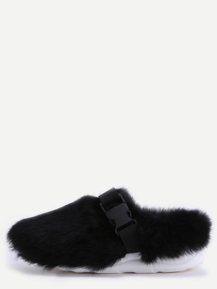 Romwe Black Rabbit Hair Buckle Strap Soft Sole Slippers