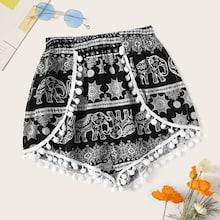 Romwe Elephant Print Pom Pom Detail Shorts