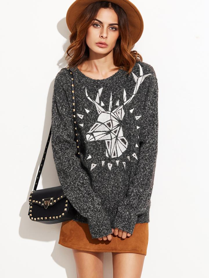 Romwe Grey Marled Knit Elk Print Pullover Sweater