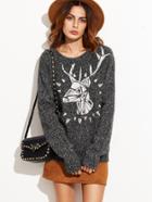 Romwe Grey Marled Knit Elk Print Pullover Sweater