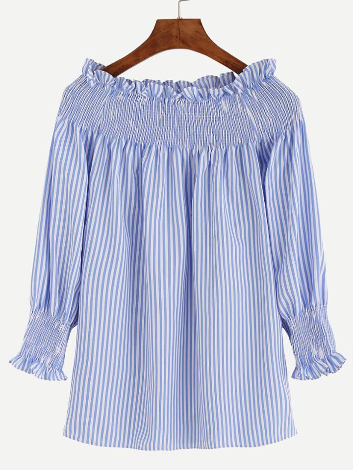 Romwe Blue Vertical Striped Shirred Off The Shoulder Blouse
