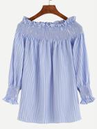 Romwe Blue Vertical Striped Shirred Off The Shoulder Blouse
