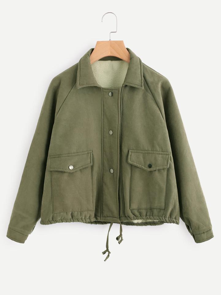 Romwe Contrast Sherpa Lined Drawstring Hem Raglan Jacket