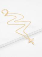 Romwe Cross Pendant Chain Necklace With Rhinestone