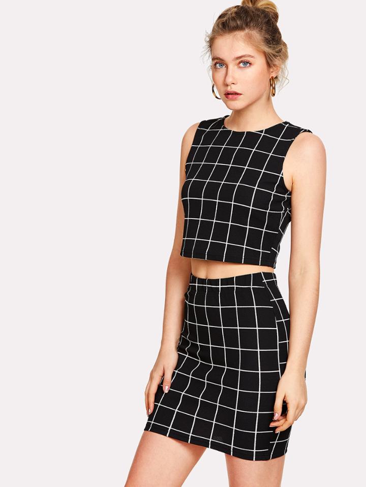 Romwe Grid Crop Top And Skirt Co-ord