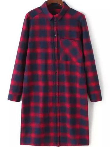 Romwe Lapel Plaid Pocket Red And Blue Blouse
