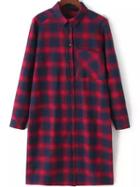 Romwe Lapel Plaid Pocket Red And Blue Blouse
