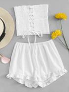 Romwe Lace Up Shirred Top With Frill Hem Shorts