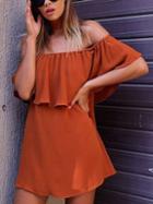 Romwe Brown Flounce Off The Shoulder Chiffon Dress