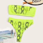 Romwe Neon Green Snakeskin Bandeau With High Cut Bikini