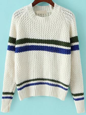 Romwe Striped Chunky Knit White Sweater