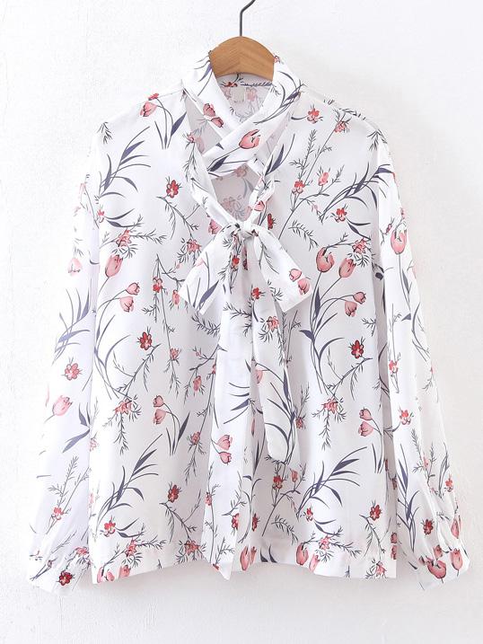 Romwe White Floral Criss Cross Front Tie Neck Blouse