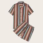 Romwe Guys Revered Collar Striped Shirt & Drawstring Waist Shorts Set
