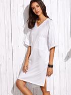 Romwe White Pocket Front Raglan Sleeve High Low T-shirt Dress