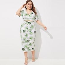 Romwe Plus Plant Print V-neck Top With Skirt