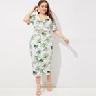 Romwe Plus Plant Print V-neck Top With Skirt