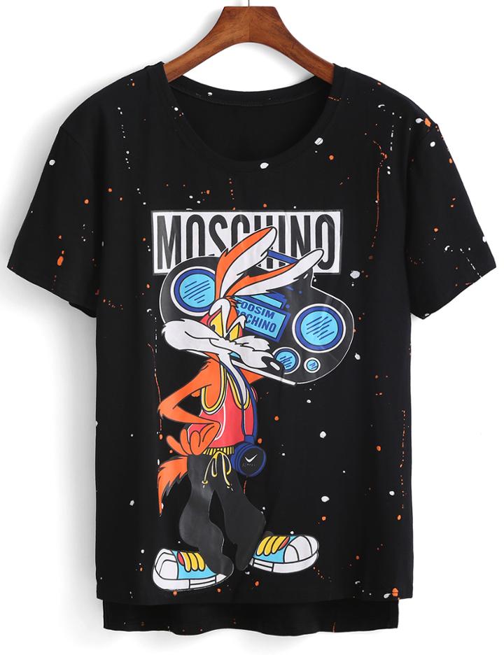 Romwe Rabbit Print Dip Hem Black T-shirt