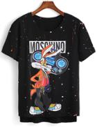 Romwe Rabbit Print Dip Hem Black T-shirt
