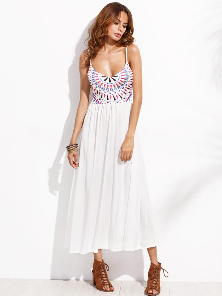 Romwe White Geometric Print Cutout Cami Dress