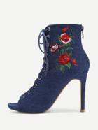 Romwe Flower Embroidery Lace Up Heels