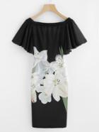 Romwe Flower Print Flutter Sleeve Bardot Dress