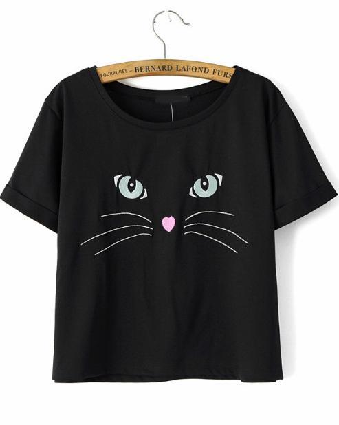 Romwe Black Short Sleeve Cat Embroidered T-shirt
