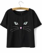 Romwe Black Short Sleeve Cat Embroidered T-shirt