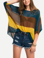 Romwe Color Block Semi-sheer Poncho Blouse - Yellow