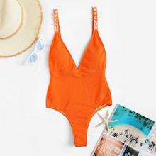 Romwe Letter Tape Ribbed High Leg One Piece Swim